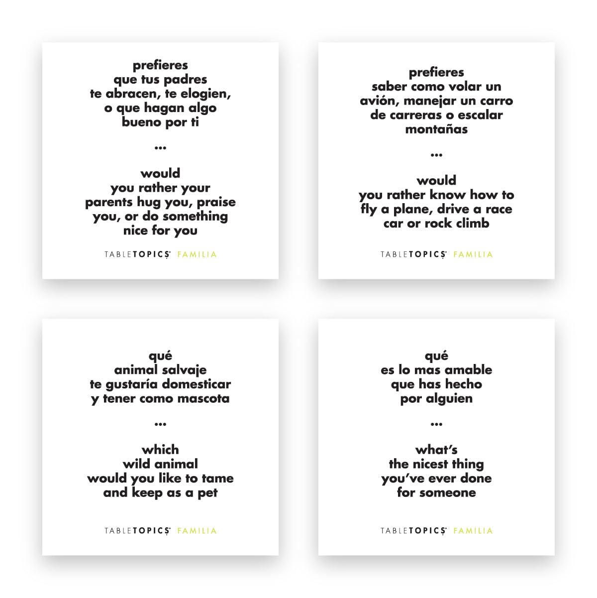 TableTopics Familia En Espanol Question Card Game - 135 Spanish/English Conversation Starter Cards, Game to Learn & Practice Spanish, Play