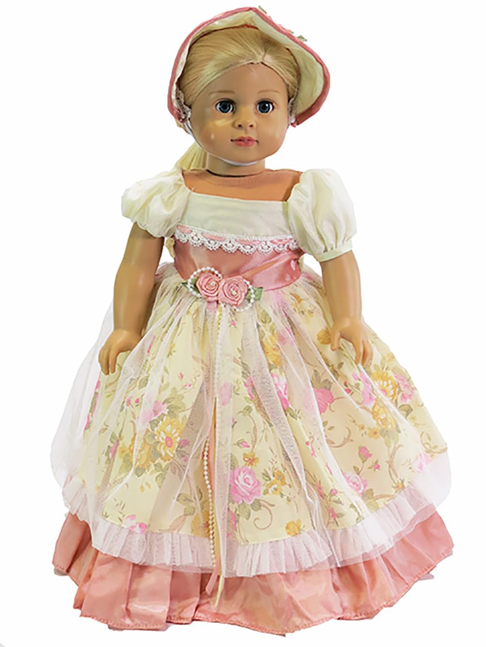 American Fashion World Pink Floral Colonial Dress for 18 Inch Dolls with Matching Bonnet