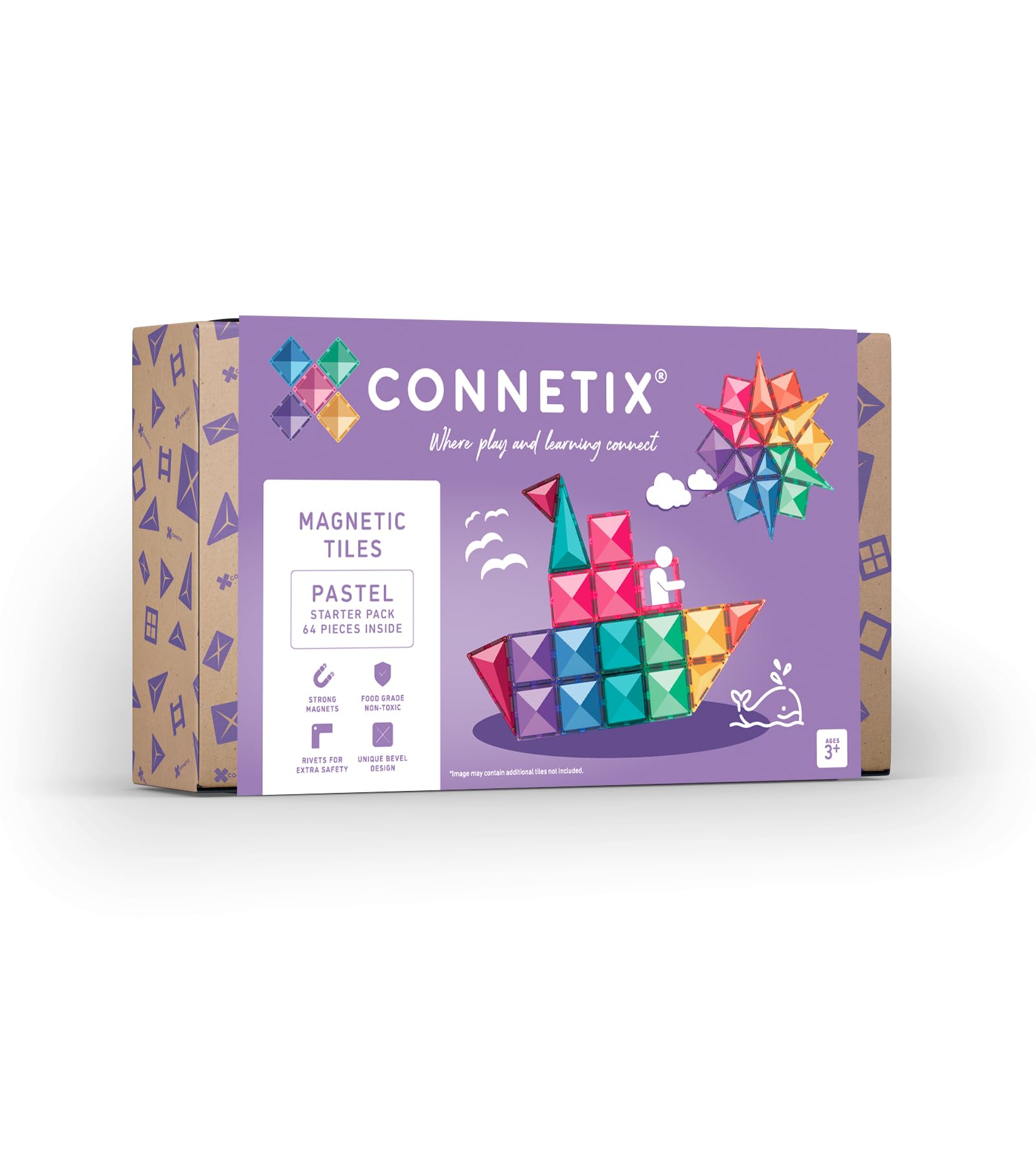 CONNETIX Magnetic Tiles Pastel Starter Pack, 64 Pieces