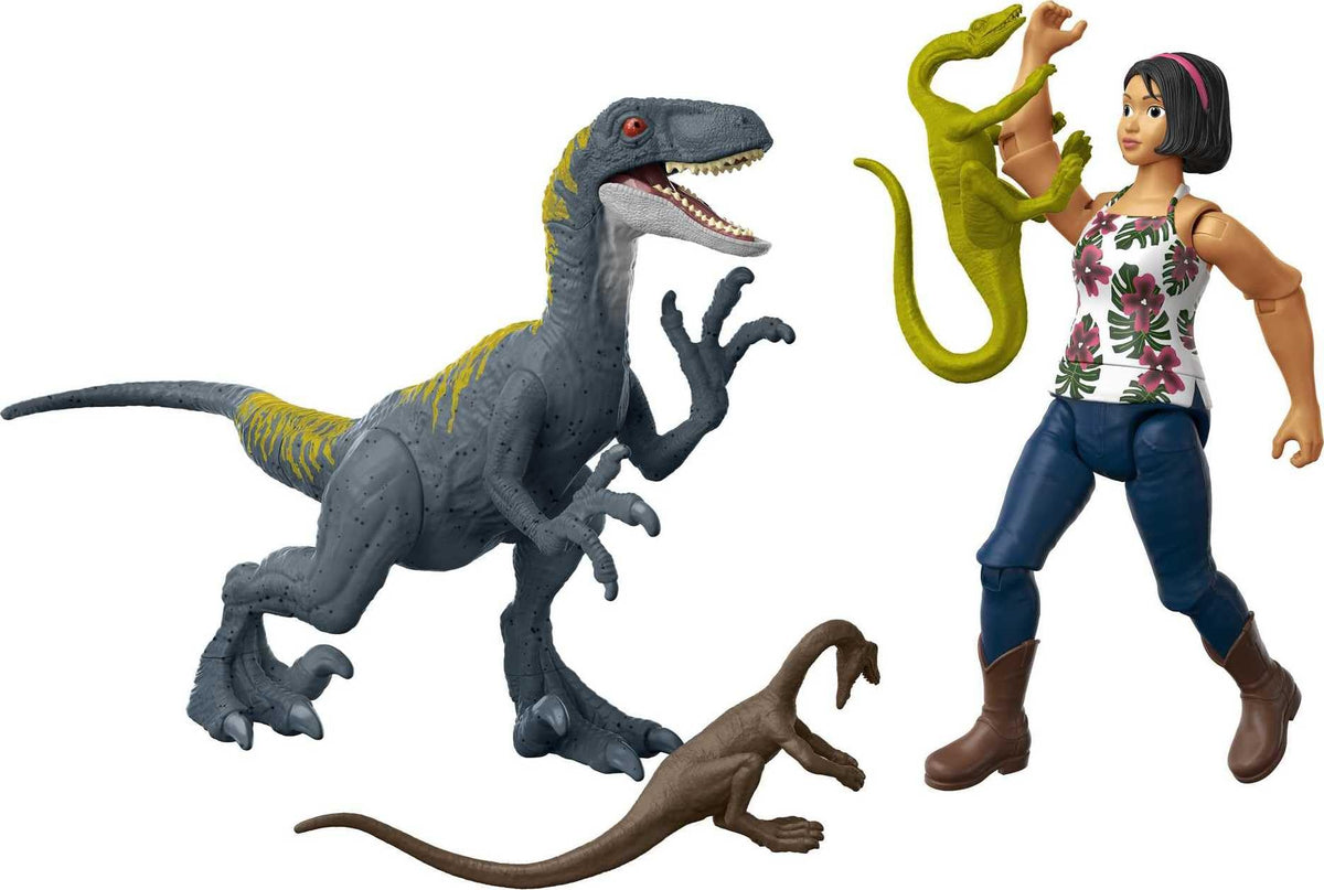 Mattel Jurassic World Camp Cretaceous Human & Dino Action Figure Pack with Sammy & Velociraptor Figures, Plus 2 Compys Smaller Dinosaurs, Collectible