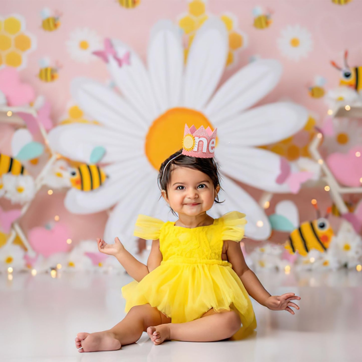YOUAME Bohemian First Birthday Crown - Girl's 1st Trip Around the Sun Outfit, Sun Party Decorations (Pink)