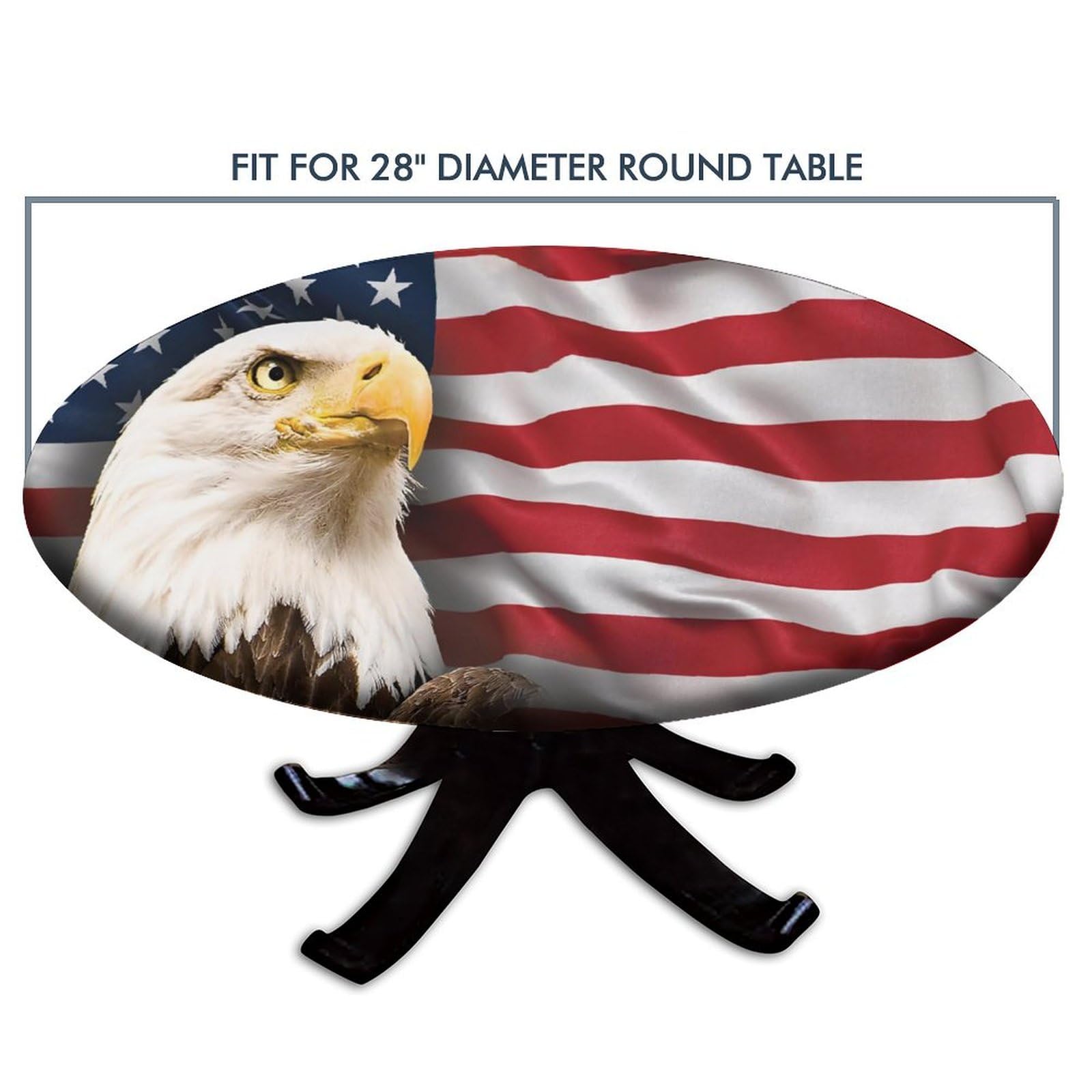 American Flag Round Fitted Tablecloth Elastic Edged Table Cover, Blue Red Eagle Flag Wipeable Table Cloths for Kitchen Dining Party Use, Fit for 28"