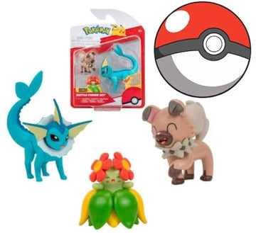 Pokemon Clip n Go Battle Feature Figure Multi-Pack Action Ready Pack Plus Sticker (Vaporeon Rockruff Bellblossom)