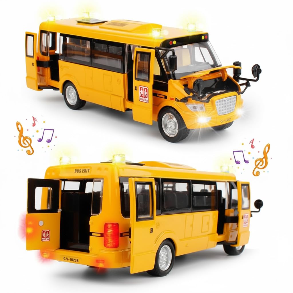 9" Yellow Bus Model for Teaching Supplies?Large Pull Back Alloy Diecast Metal Bus Model with Openable Doors and Get on/Off Sound for Gift,Cake