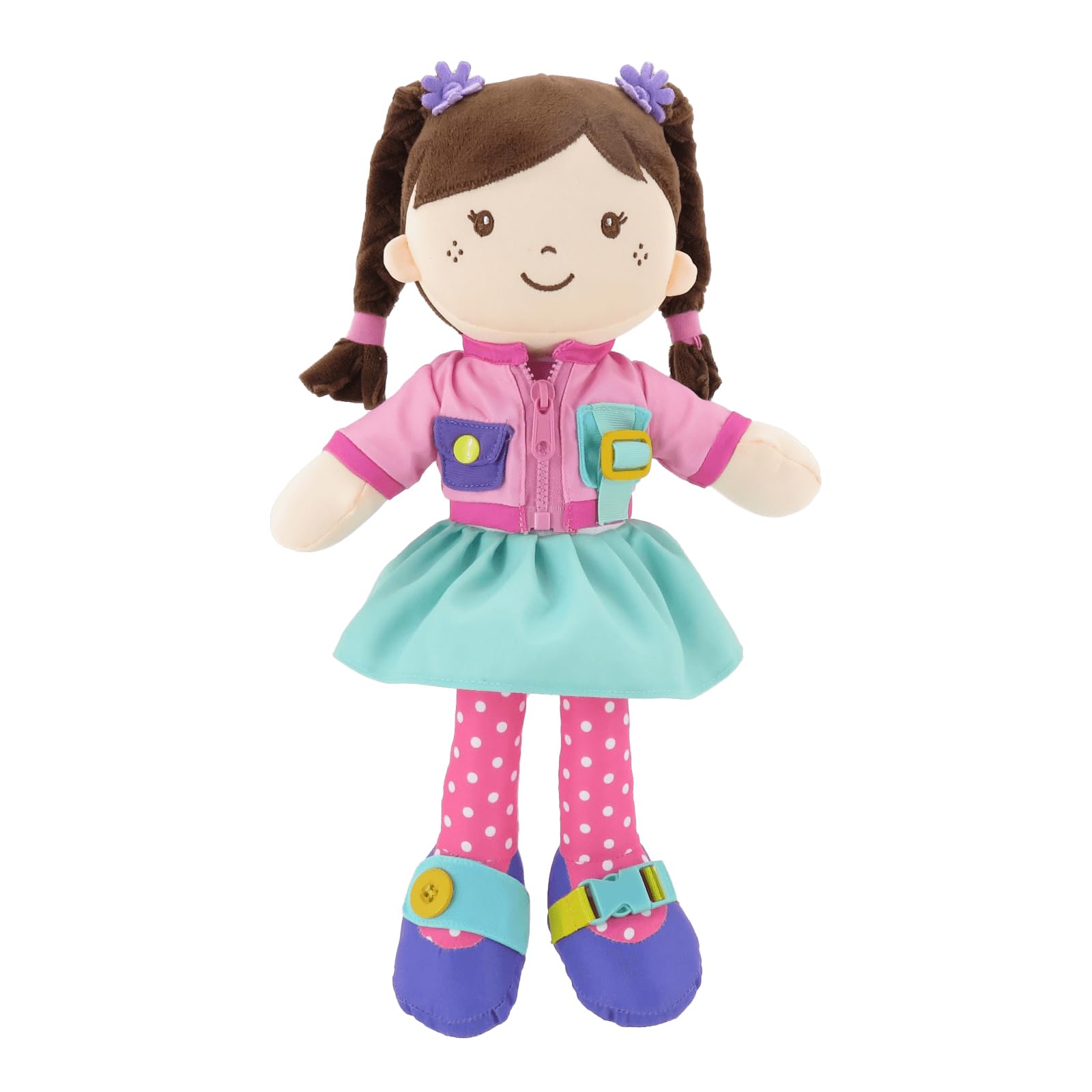 Linzy 15" Learn to Dress Stuffed Doll with Pink Jacket, Educational Montessori Doll for Toddlers, Soft Buckle Toy Gifts for 2 Year Old Girls