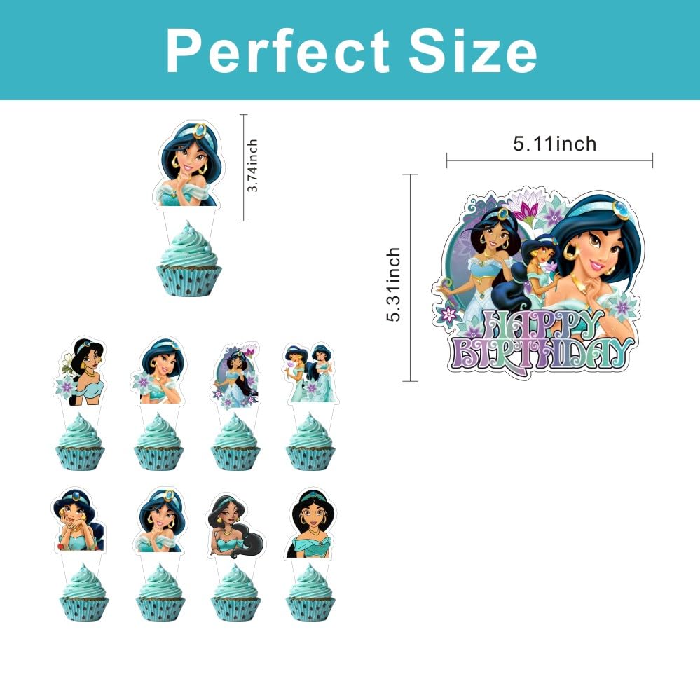 25Pcs Princess Jasmine Cake Decorations with 24pcs Cupcake Toppers 1pcs Cake Topper for Girls Birthday Party Supplies