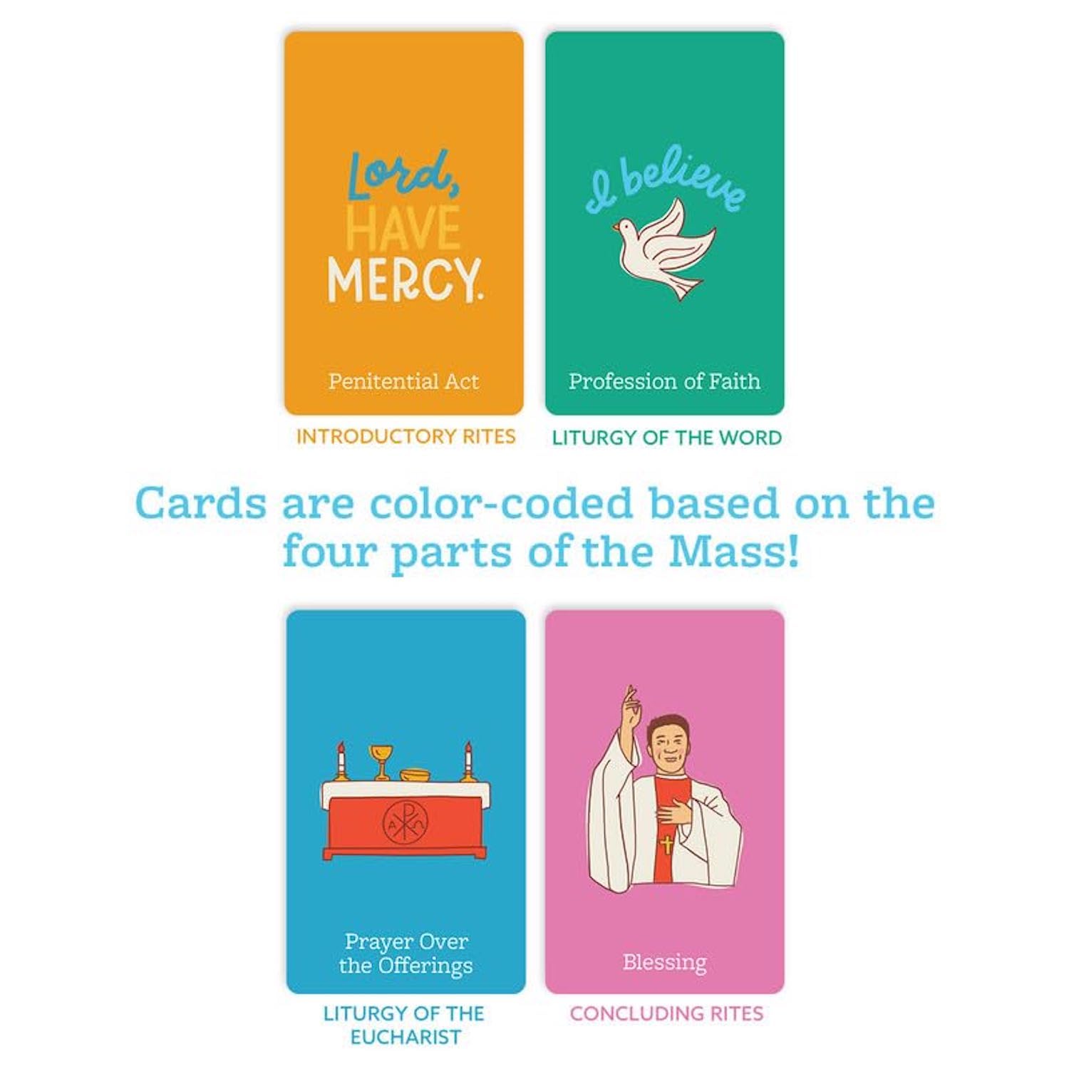 CATHOLIC FAMILY CRATE First Mass Guide Cards - 28 UV Coating Catholic Missal Book Teachings - 2.5" x 4" Religious Cards with 2? Metal Ring