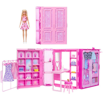 Barbie Dream Dressing Room Playset with 29 Pieces Including Doll, Vanity, Clothing Racks & Accessories, Portable Folding Closet with Handle