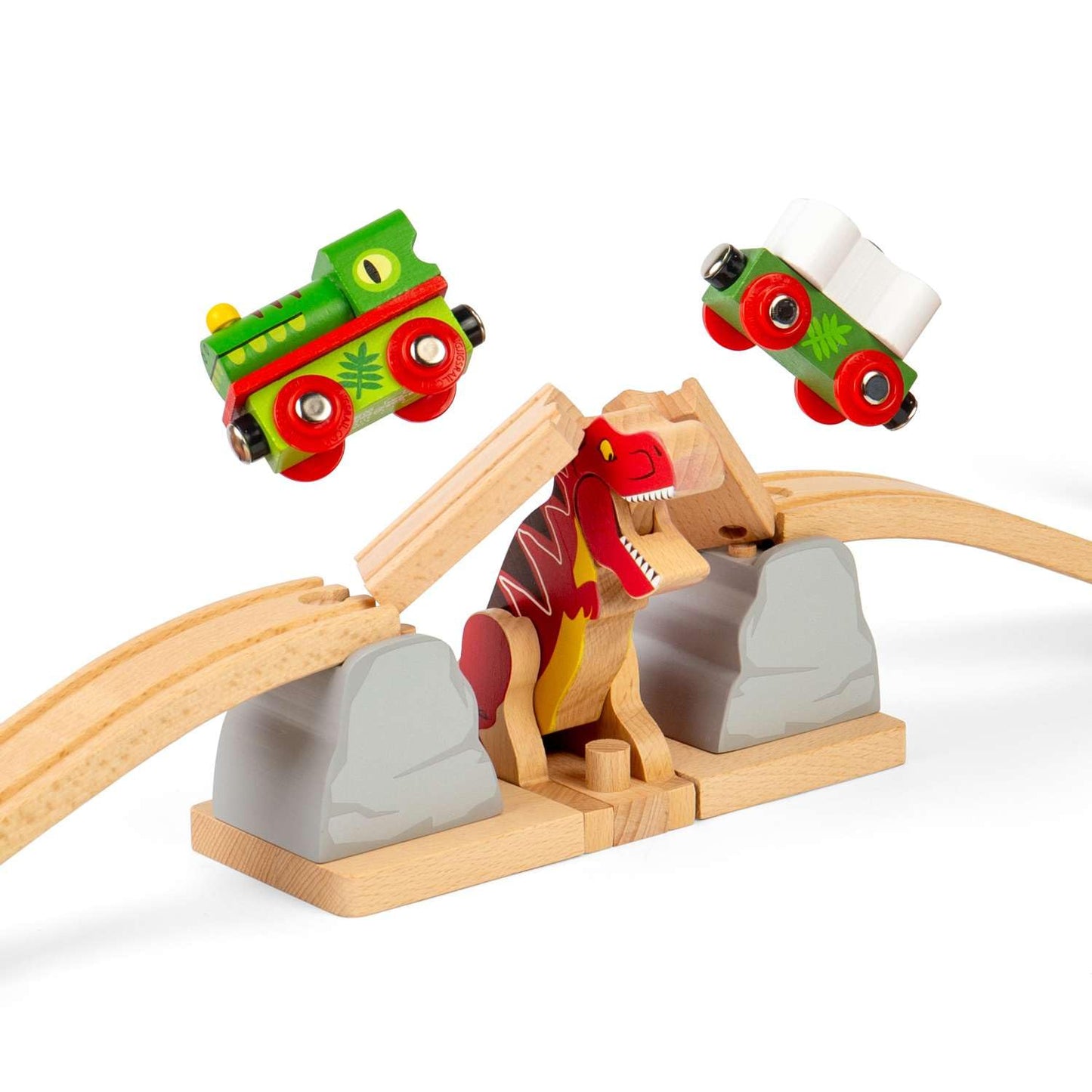 Bigjigs Rail T-Rex Bursting Bridge | Kids Dinosaur Themed Wooden Train Track Accessories | Lifting Bridges with Toy Dinosaurs | Montessori Educational