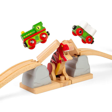Bigjigs Rail T-Rex Bursting Bridge | Kids Dinosaur Themed Wooden Train Track Accessories | Lifting Bridges with Toy Dinosaurs | Montessori Educational