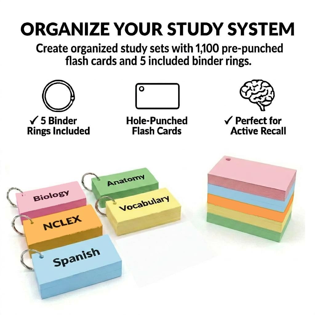 Blank Flash Cards with Rings & Box 1100 5 Colors 2x3.5 USA Made