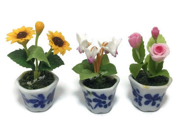 3pc Miniature Flower Clay Dollhouse Fairy Garden Mini Plant Trees Ceramic Paint Furniture Bundles Artificial Flowers Tiny Orchid #085