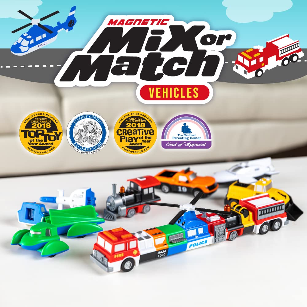POPULAR PLAYTHINGS Magnetic Vehicles for Toddlers 1-3, Mix or Match Car Toys, 21 Piece Gift for Kids - Vehicles Orange
