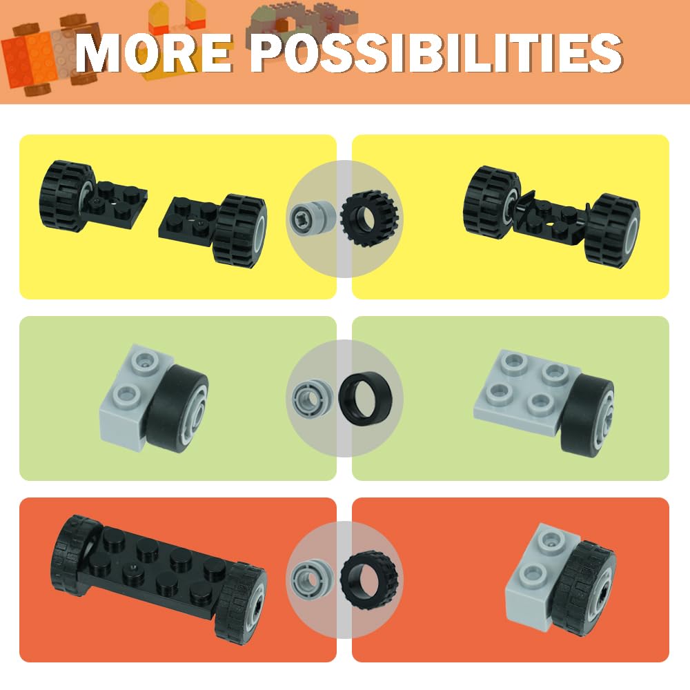 MALEKO Wheels and Axles Sets, 224pcs Car Parts and Pieces Tires Accessories Building, Construction Bulk Bricks