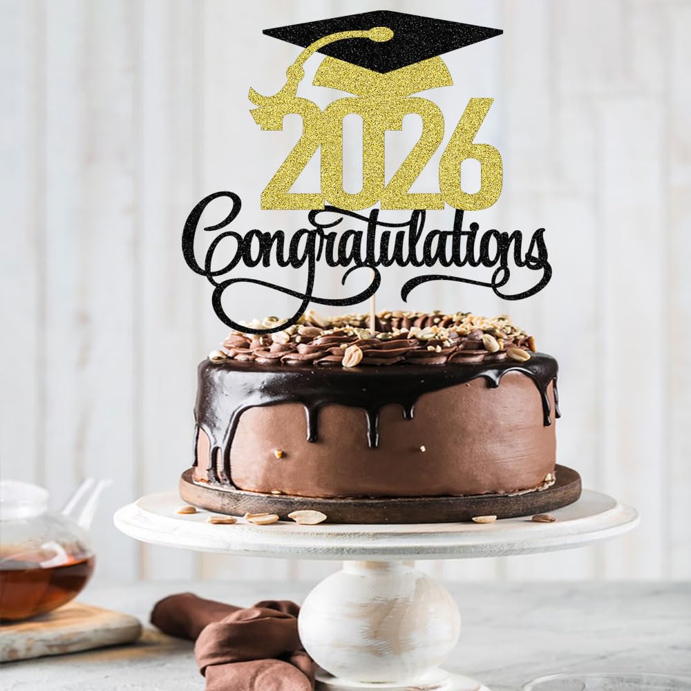 Black Gold Glitter 2026 Congratulations Graduation Cake Topper,Congrats Grad Cake Decor - 2026 High School/College/Senior Graduation Party Decorations
