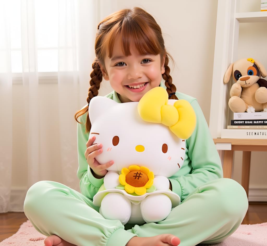 AlphaDesignLuxe 13? Kitty Plush Toy - Kawaii Cat Stuffed Animal with Yellow Bow & Sunflower, Soft Plush Doll Gift for Kids, Teens & Collectors