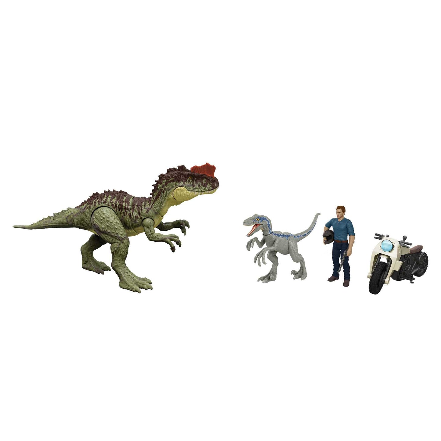 Jurassic World Dominion 3 Pack Figures & Dinosaurs, Owen Grady Motorcycle Yangchuanosaurus & Blue, Helmet & Tranquilizer, Ages 4 Years & Up