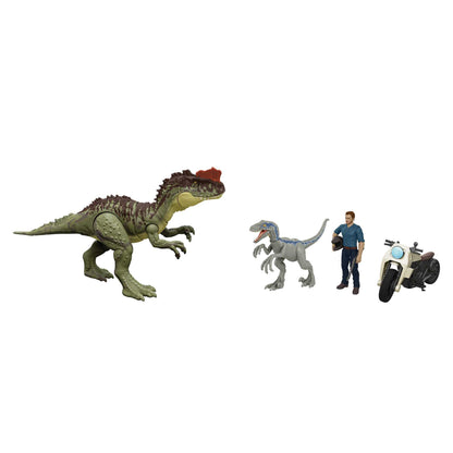Jurassic World Dominion 3 Pack Figures & Dinosaurs, Owen Grady Motorcycle Yangchuanosaurus & Blue, Helmet & Tranquilizer, Ages 4 Years & Up