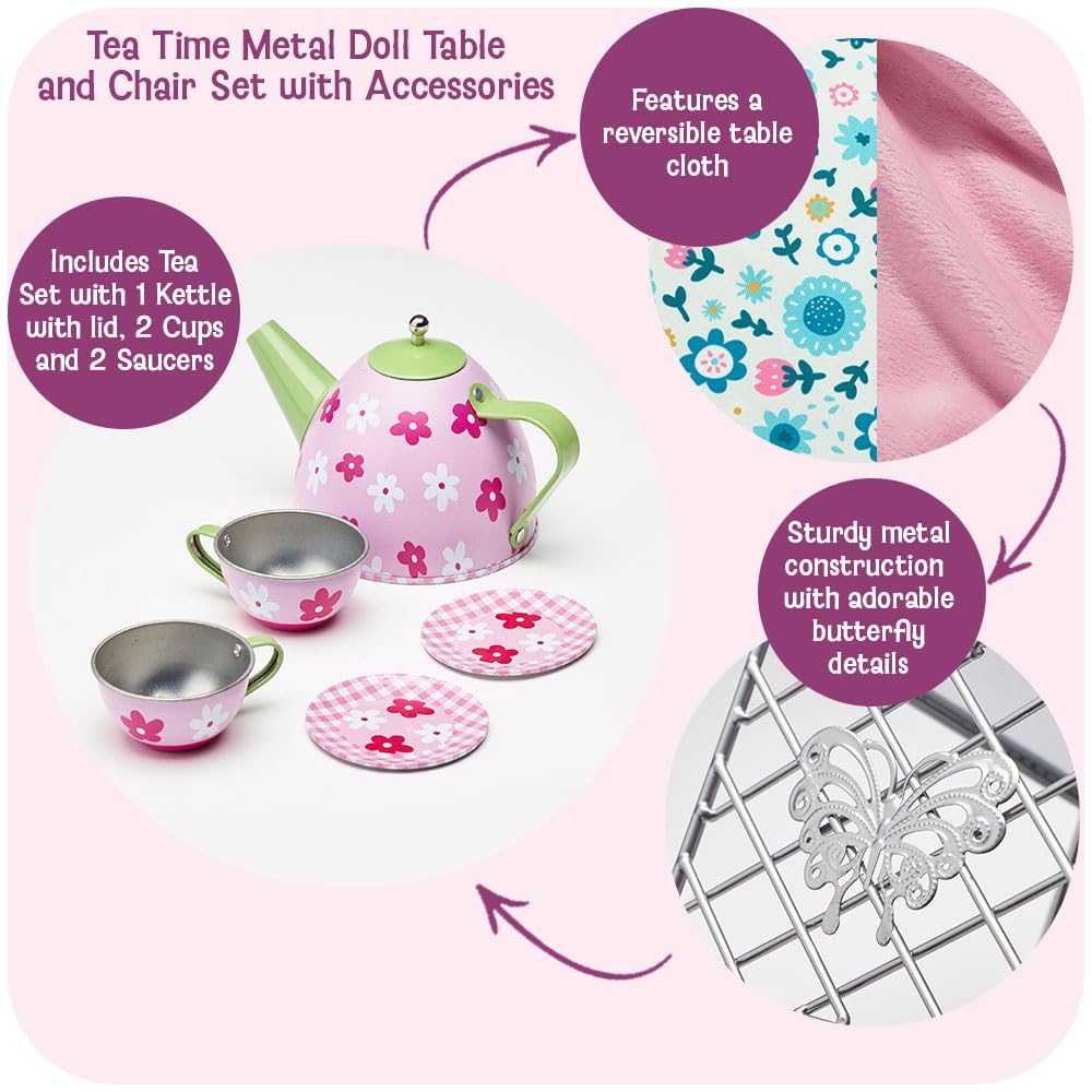 Badger Basket Elegant Tea Time Metal Doll Table and Chair Set with Accessories for 18 to 20-Inch Dolls - Perfect for Playtime Tea Parties