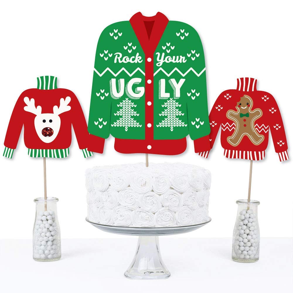 Big Dot of Happiness Ugly Sweater - Holiday and Christmas Party Centerpiece Sticks - Table Toppers - Set of 15
