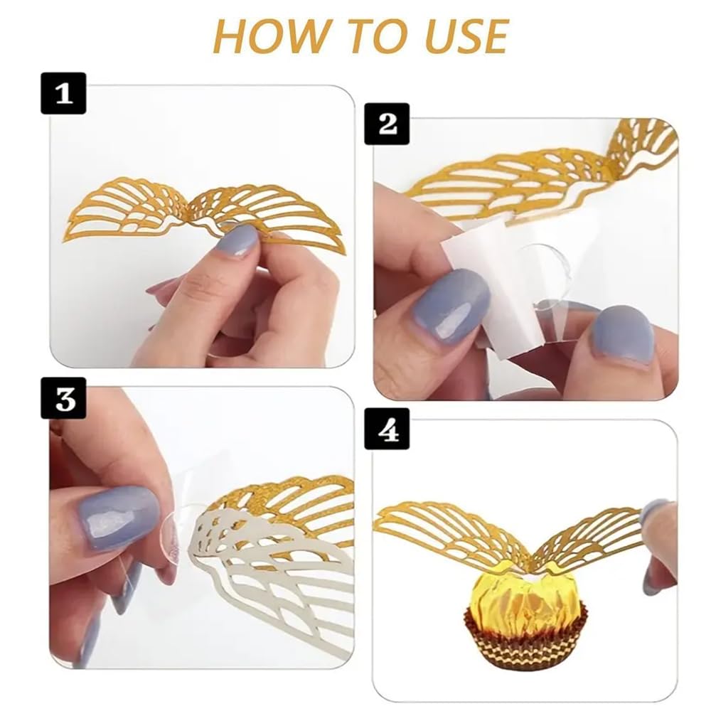 Qhinaster 103 Pcs Wizard Party Chocolate Decoration include 50Pcs Wings Wafer Cupcake Toppers 3 PCS Gold Goal Posts and 50Pcs Glue Point for Them