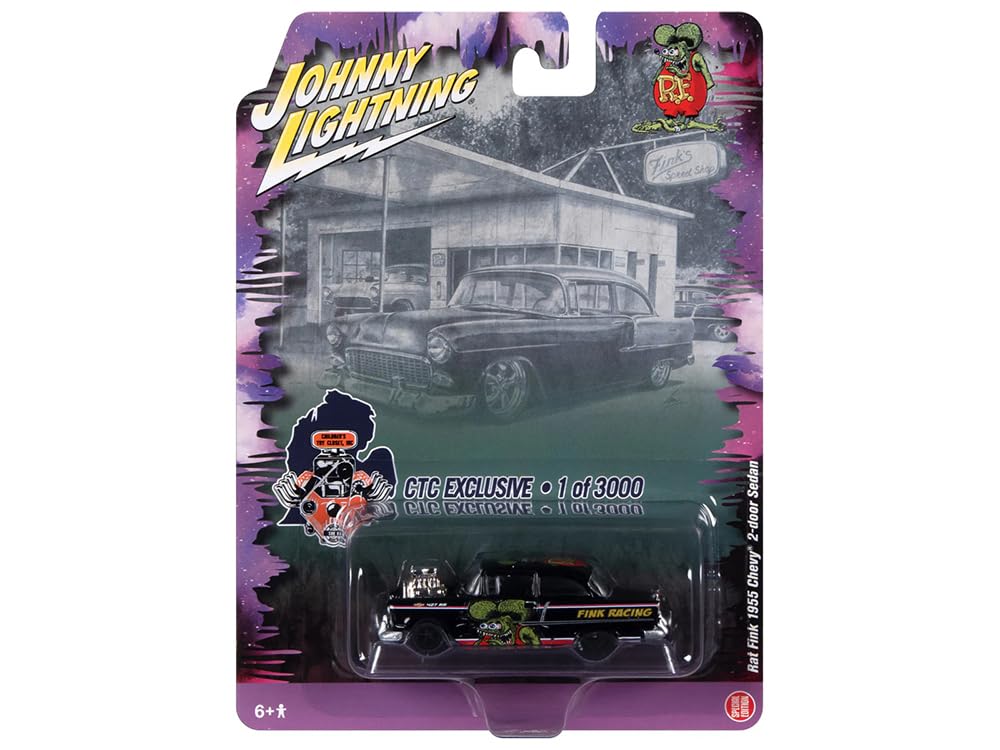 Johnny Lightning 1955 2-Door Sedan R F Racing Black with Graphics CTC Exclusive Series Limited Edition to 3000 Pieces Worldwide 1/64 Diecast Model Car