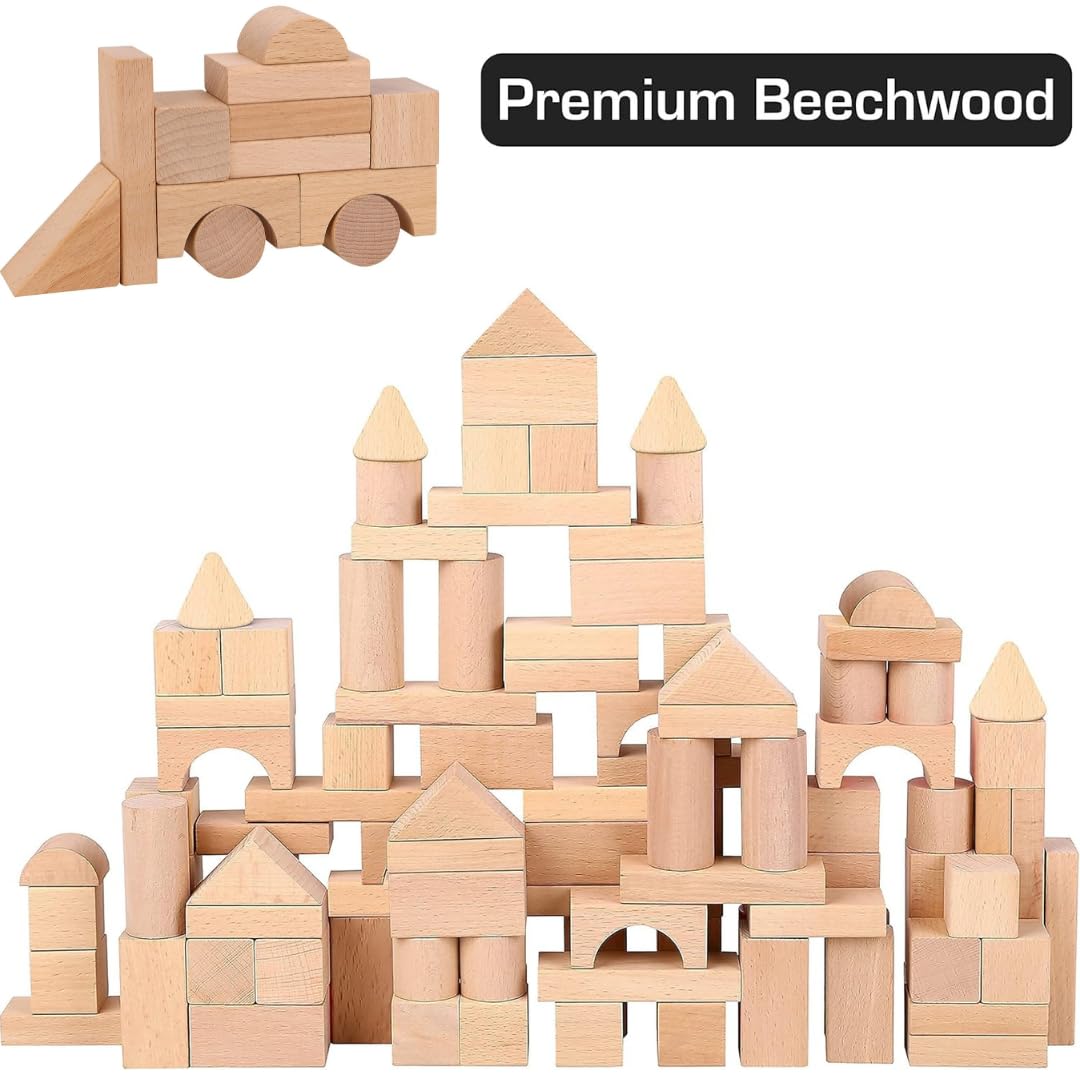 Pidoko Kids Wooden Blocks - 100 Pcs - Building Blocks for Toddlers - Includes Storage Container with Shape Sorter Lid - Natural Beech Wood Blocks