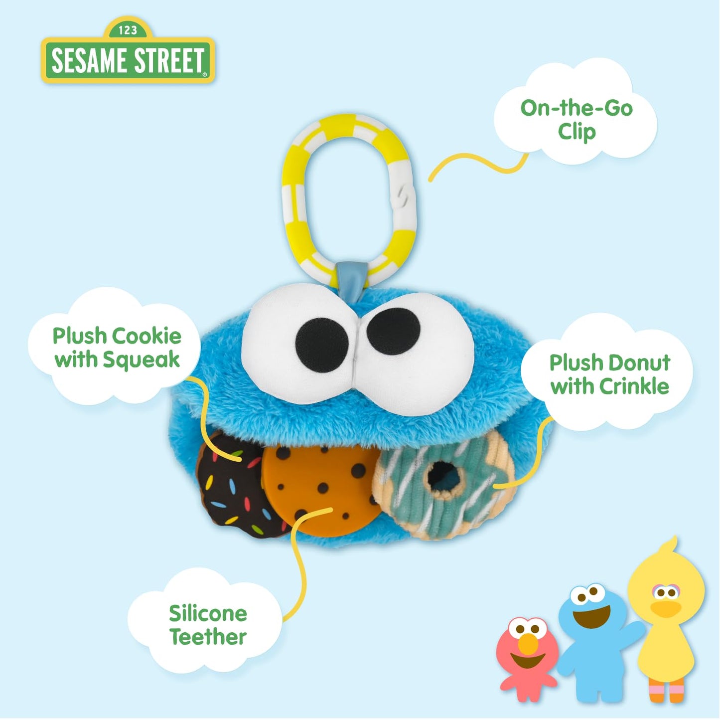 Kids Preferred Sesame Street Cookie Monster On The Go Activity Toy with Silicone Teether, Crinkle Sounds, and Rattle for Babies and Infants