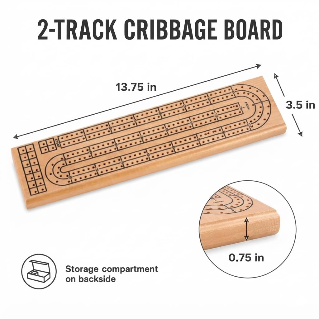 Natural Wooden 2 Track Cribbage Board with 6 Plastic Pegs, Classic Cribbage Game Board with Black Printed Tracks, Backside Peg Storage, 13.75 x 3.5 x