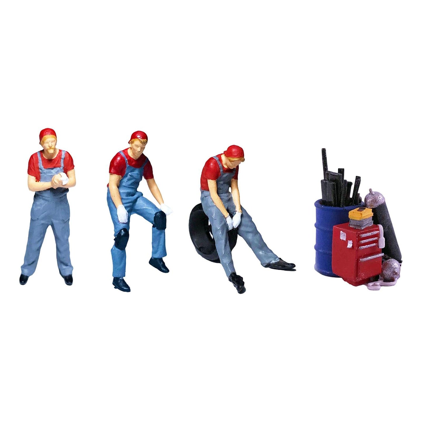 Yiju 1/64 Scale Hand Painted Repairman Figurines, Resin Miniature People for Diorama and Car Model Scenes, Red A (3 Figurines + Toolbox)