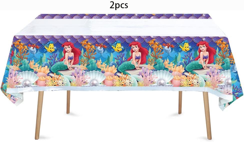 Little Mermaid Tablecloth, 2pcs Rectangular Plastic Table Cover, 70'' x 42'', Waterproof Birthday Party Supplies Decorations (2 Pack Blue Pink) 1