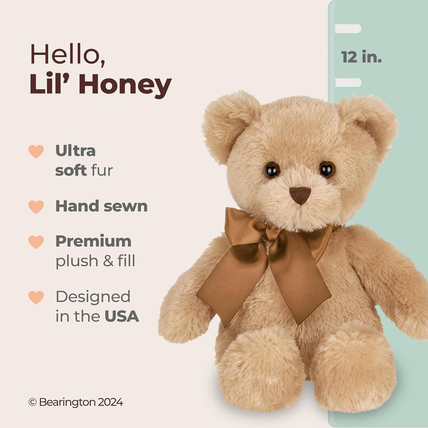 Bearington Lil' Honey Teddy Bear Stuffed Animal - 12" Brown Plush Bear Toy with Soft Fur and Classic Design - Washable Teddy Bears for Girls