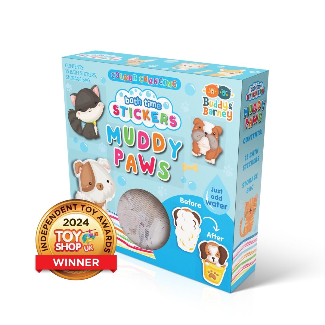 Buddy & Barney: Bath Time Stickers - Muddy Paws - 15 Color-Changing Foam Pieces, Dog & Cat Characters, Suction Cup Mesh Bag, Water Play Toy, Kids 3+