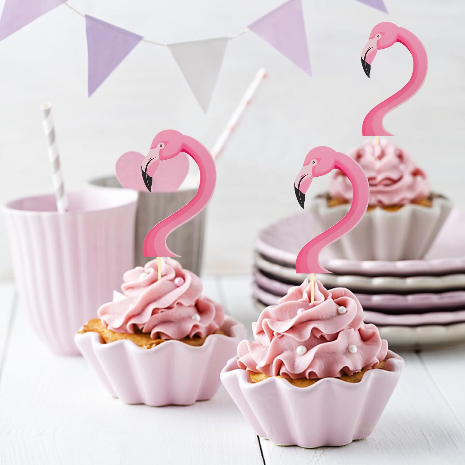 24Pcs Flamingo Cupcake Toppers, Tropical Cake Toppers