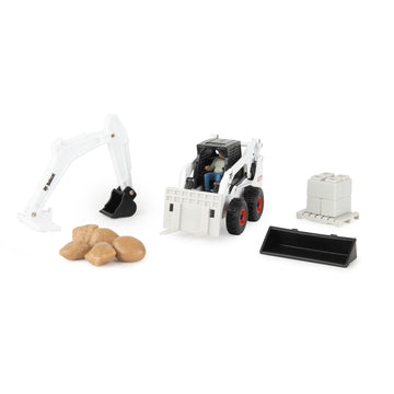 TOMY Bobcat Skid Steer Construction Toy Set - 1:32 Scale - Die Cast Skid Steer Toy - 15 Piece Playset with 3 Interchangeable Attachments - Ages 3+