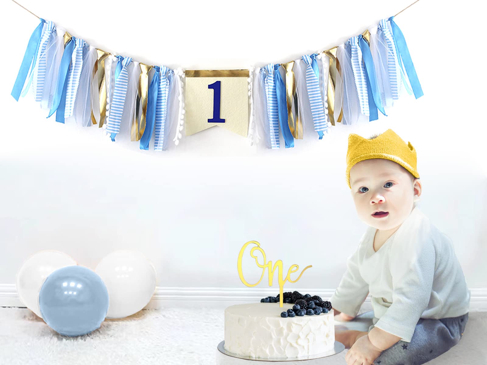 Baby Boy 1st Birthday Party Decorations by innerspark, Blue and Gold set, Ribbon High Chair Banner, Birthday crown hat, Gold Cake Topper