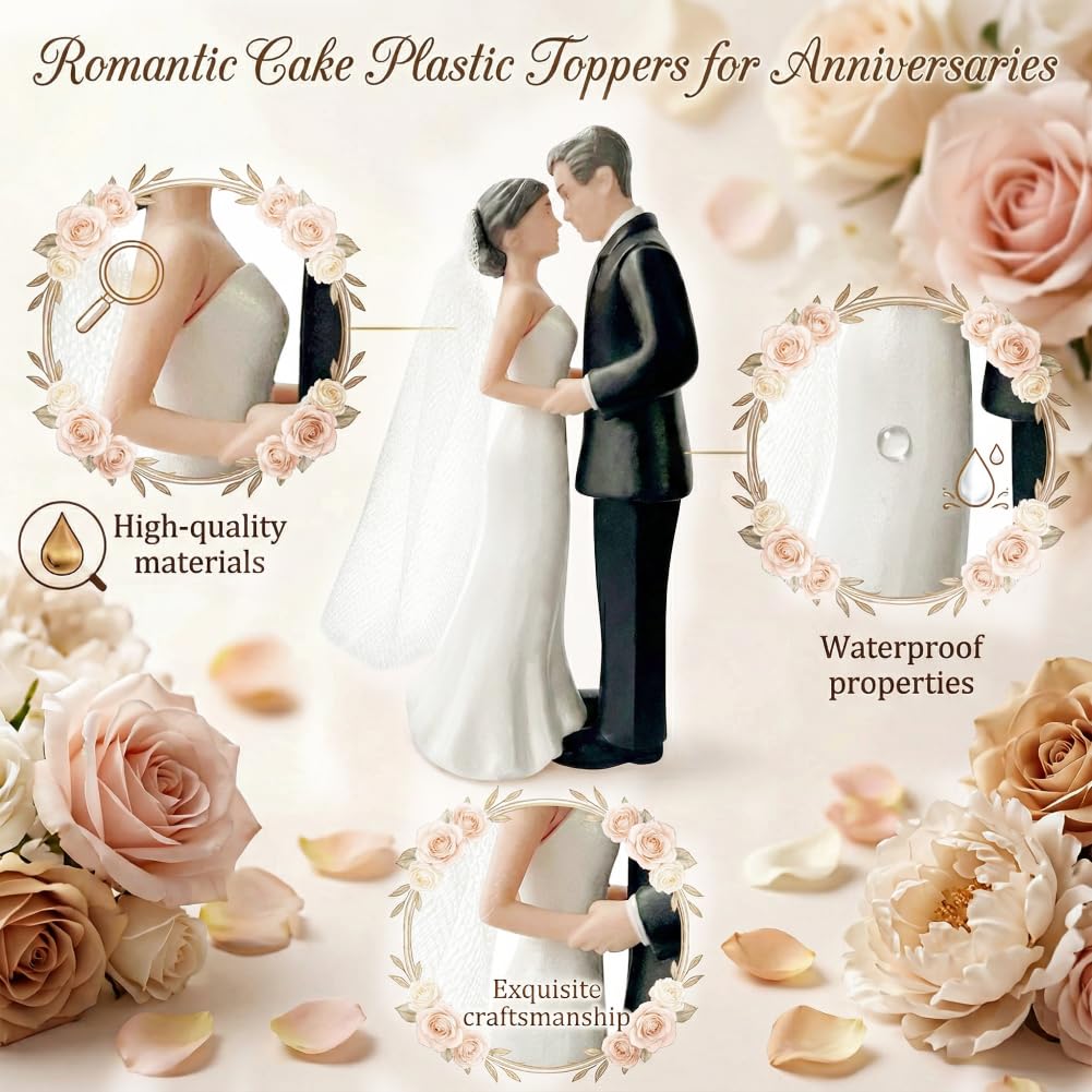 Wedding Bride and Groom Cake Topper Romantic Couple Figurine Cake Plastic Toppers for Anniversaries Engagement Parties, Bridal Showers, Wedding Cake