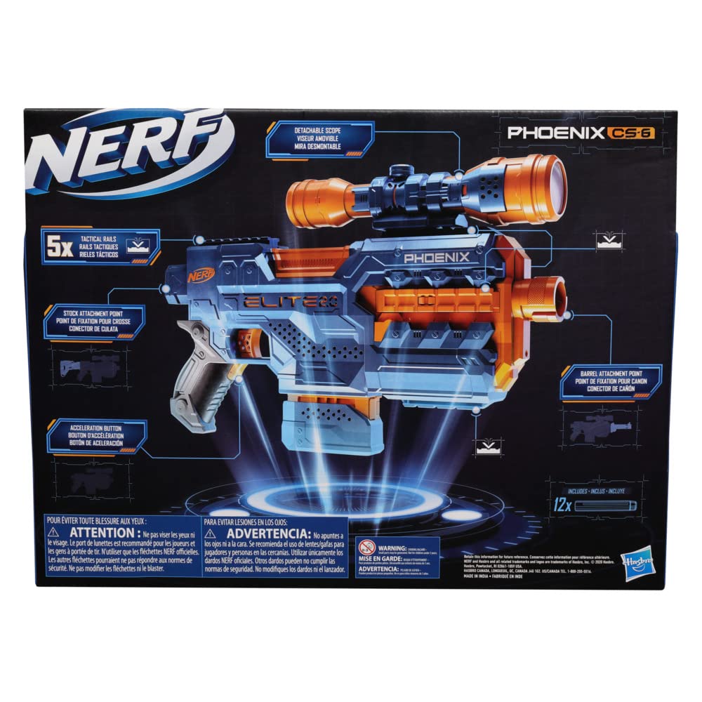Nerf Elite 2.0 Phoenix CS-6 Motorized Blaster, 12 Official Darts, 6-Dart Clip, Scope, Tactical Rails, Barrel and Stock Attachment Points