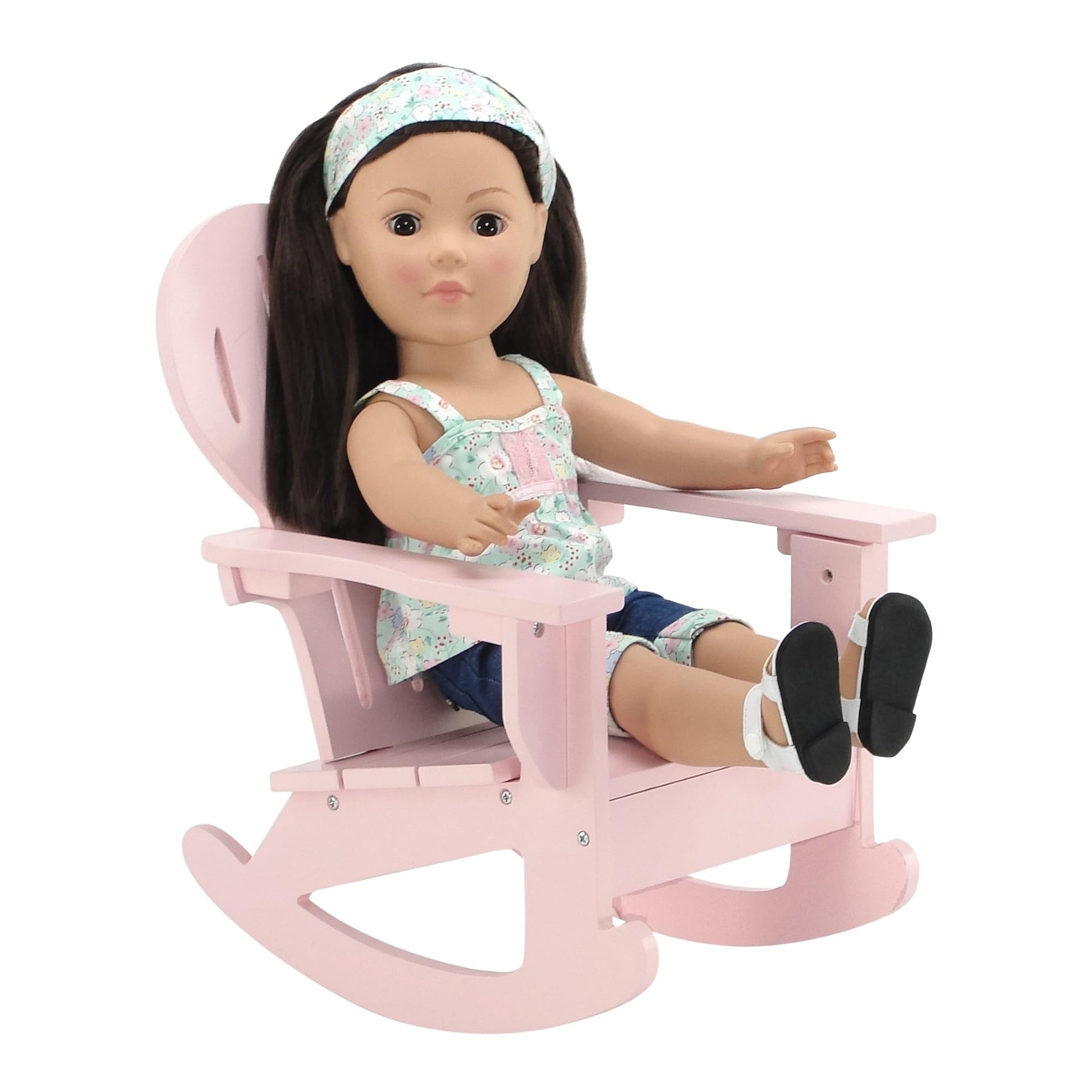Emily Rose 18" Doll Adirondack Rocking Chair - Pink Wooden Heart-Back Design Furniture with Smooth Rocking Motion - USA Brand - Compatible
