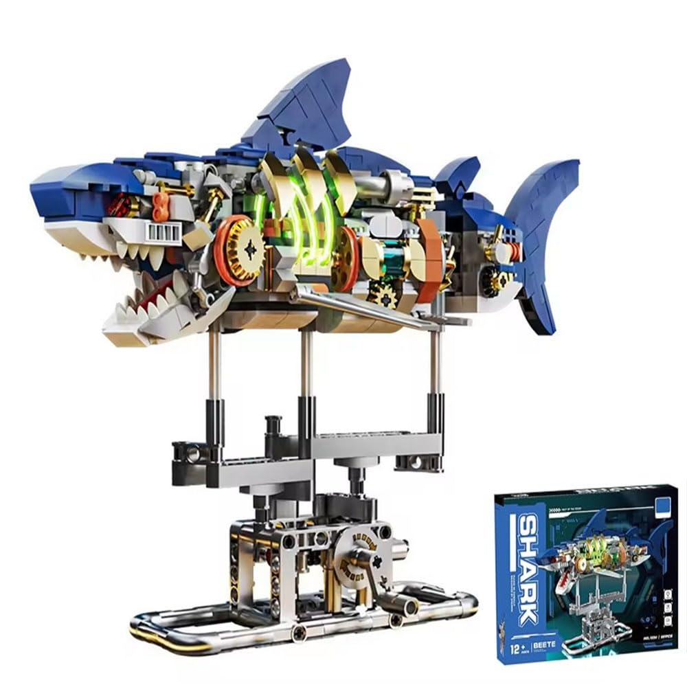 YAOZEBIN Mechanical Shark Building Set for Boys 12-20 with LED Light and Display Stand, 687 PCS Rotatable Function Sea Animal STEM Toy, Home Decor