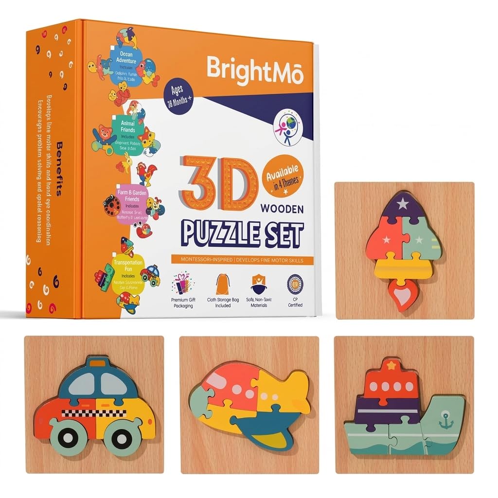Wooden Puzzles for Toddlers 3+, Montessori 3D Vehicle Puzzle Set of 4 - BrightM? Screen-Free Fine Motor Learning Toys with Storage Box and Travel Bag