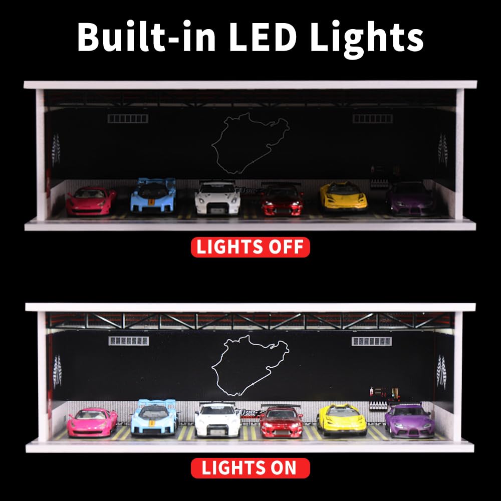 G-FANS Display Case for Hot Wheels - 1/64 Scale Die-cast Model Car Scenarios Display Case with LED Light and Acrylic Cover, Scenes Diorama Storage