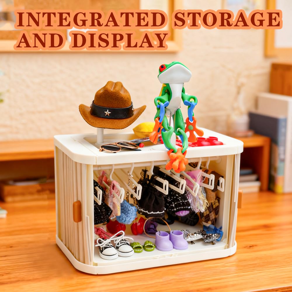 Bofiyma Foldable Doll Wardrobe Storage Compatible with Labubu - Complete Display Kit with 15 Hangers, Rod & 4 Stands - Sliding Door Organizer with Top