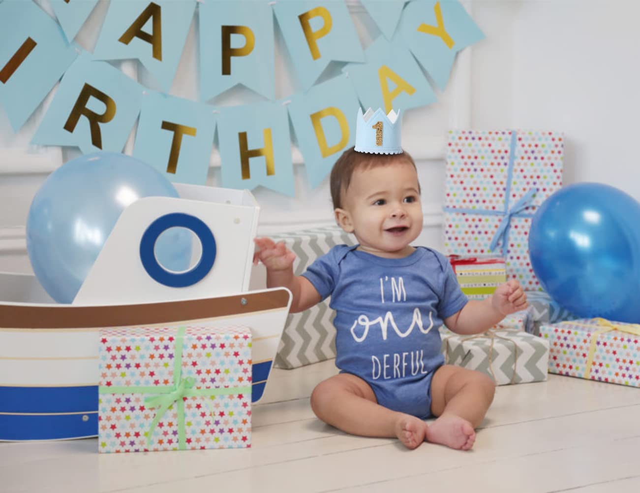SYESQL Baby Boys 2nd Birthday Crown - Blue Felt Hat, Cake Smash Prop, Birthday Hats for Kids, Blue Half Birthday Crown, Blue and White