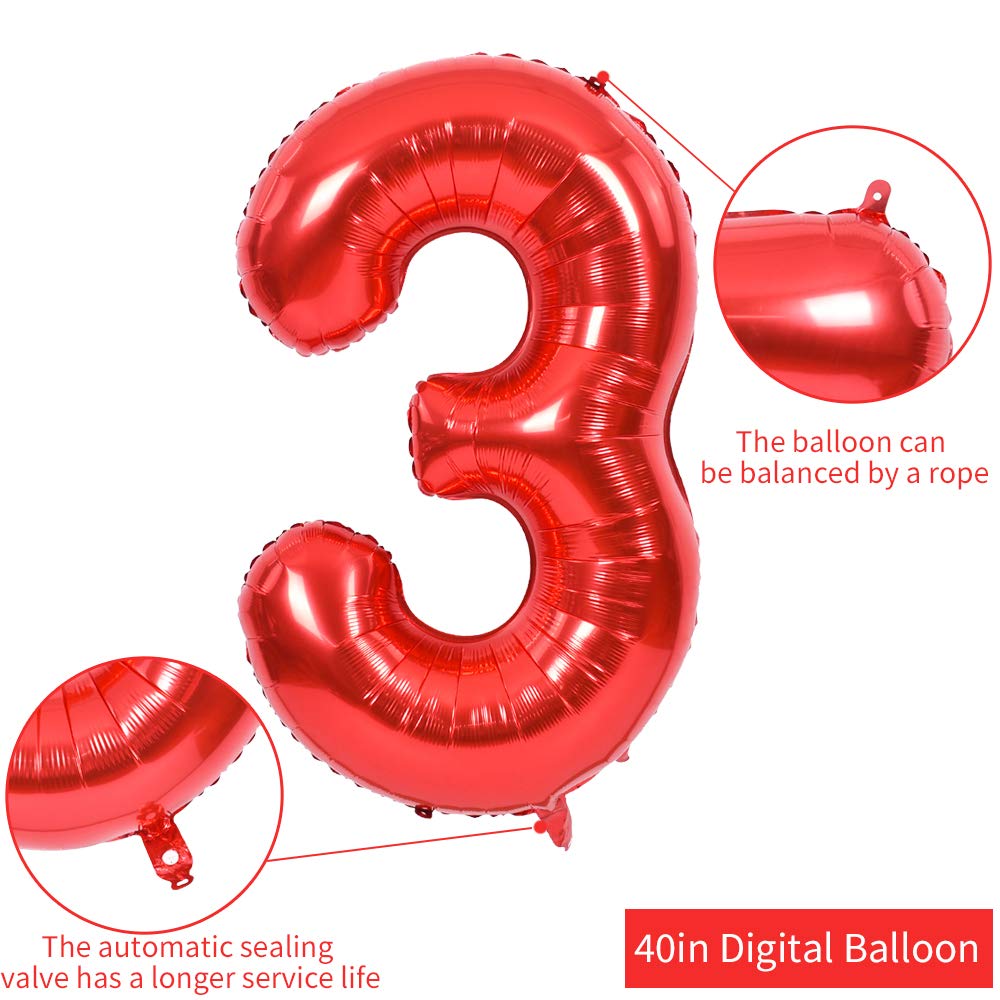 TONIFUL 40 Inch Red Number 3 Balloons Large Foil 3rd Birthday Decorations