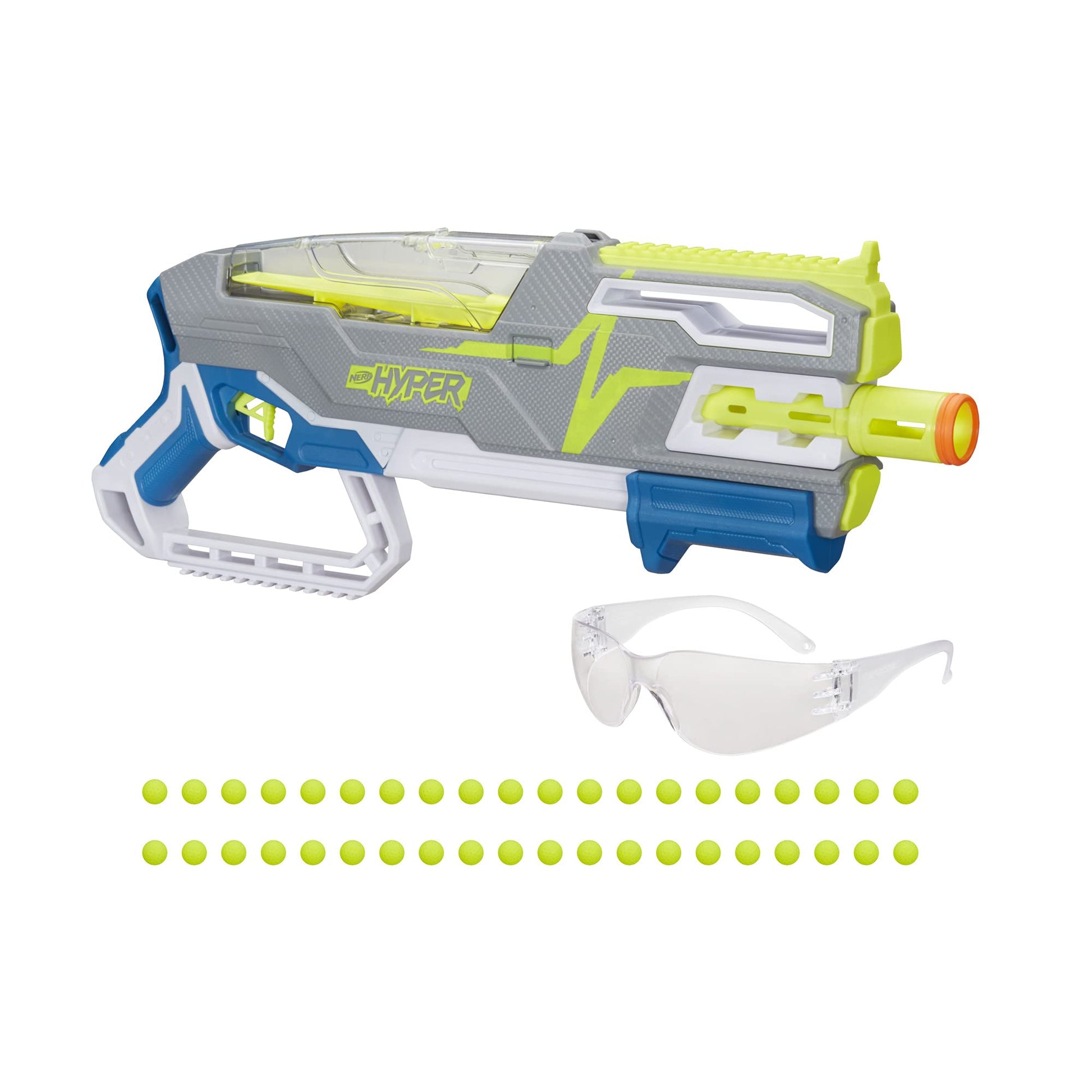 Nerf Hyper Siege-50 Pump-Action Blaster, 40 Hyper Rounds, Eyewear, Up to 110 FPS Velocity, Easy Reload, Holds Up to 50 Rounds