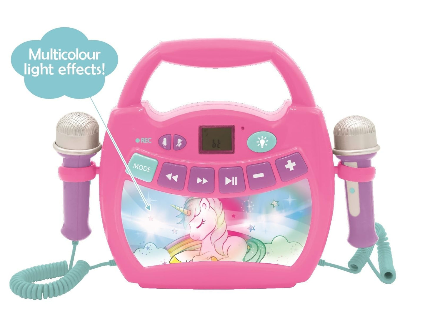 LEXiBOOK Unicorn - Portable Karaoke Digital Player for Kids - Microphones, Light Effects, Bluetooth, Record and Voice Changer Functions, Rechargeable
