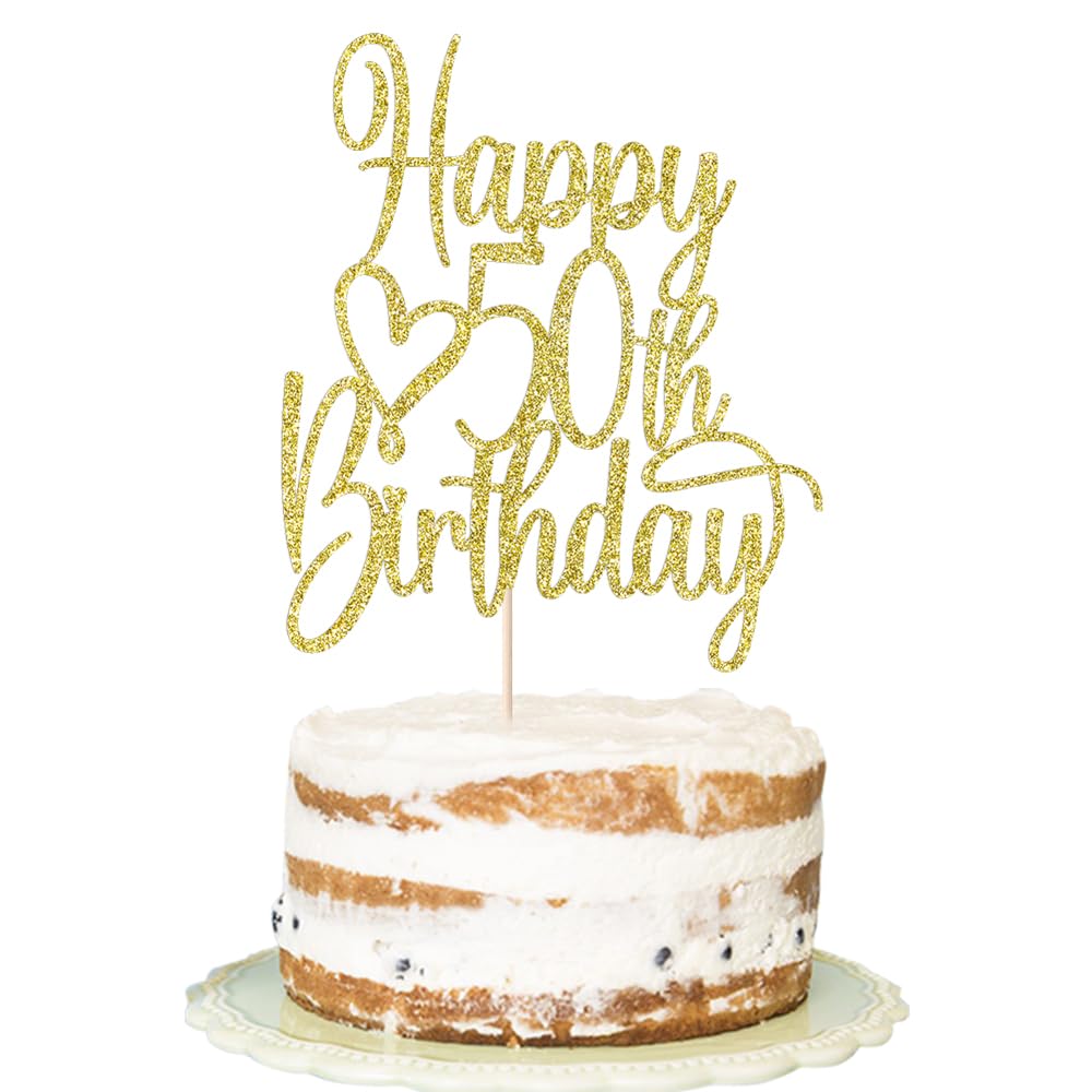 FLORCMET Gold Glitter Happy 50th Birthday Cake Topper - Cheers to 50 Years Cake Topper, 50 & Fabulous Cake Decoration for Hello 50th Birthday