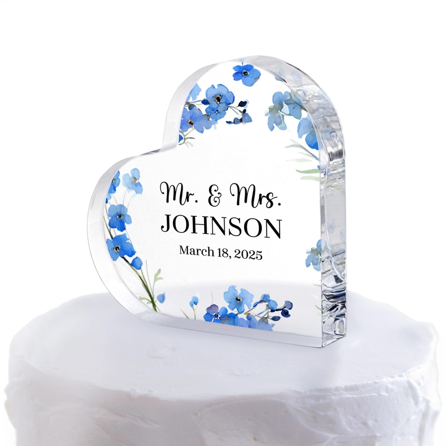 Personalized Wedding Heart Acrylic Block Mr & Mrs Cake Topper, Custom Wedding Keepsake Bride & Groom