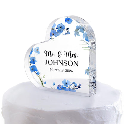 Personalized Wedding Heart Acrylic Block Mr & Mrs Cake Topper, Custom Wedding Keepsake Bride & Groom
